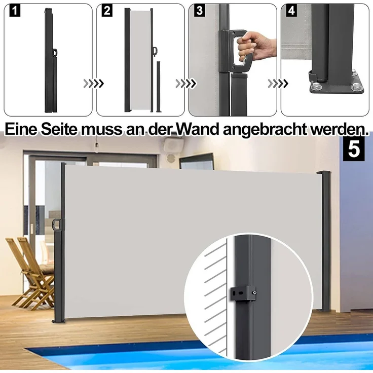 FIVMEN Markise Seitenmarkise Alu Ausziehbar Blickdicht Sonnenschutz mit Wandhalterung Sichtschutz Markise für Balkon, Terrasse, Garten – Bild 3