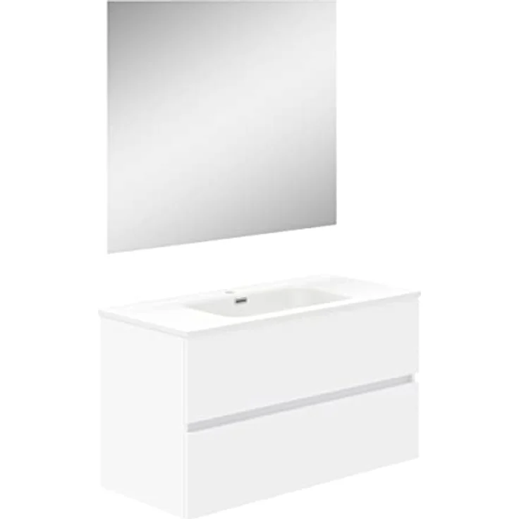 Baikal Badezimmerschrank, Zwei Schubladen, Wandmontage, mit Waschbecken, Melamin 16, montiertes Möbelstück, 100 cm, Weiß mit Spiegel Mond – Bild 2