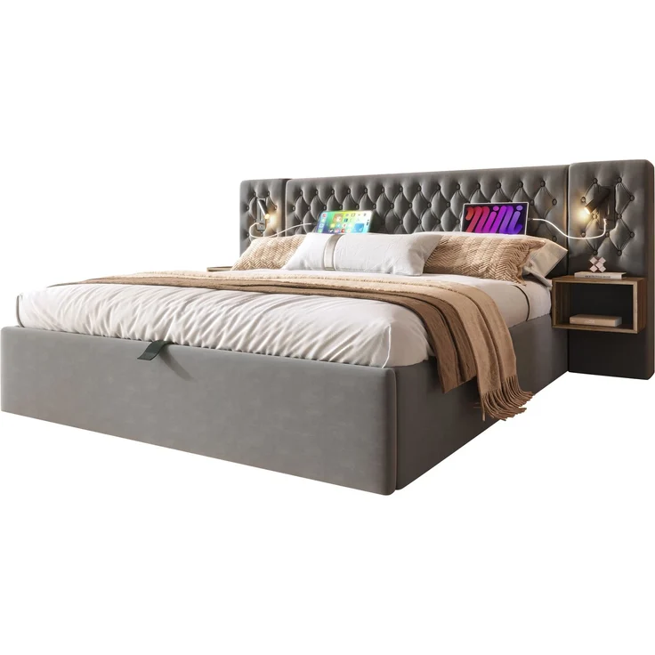 Bettanlage Schlafzimmer Komplett Set,Polsterbett Hydraulisch Stauraumbett Doppelbett 180×200 cm mit 2 Nachttischen, Kopfteil Leselicht mit USB Ladefunktion, Grau, Samt(Ohne Matratze) – Bild 7
