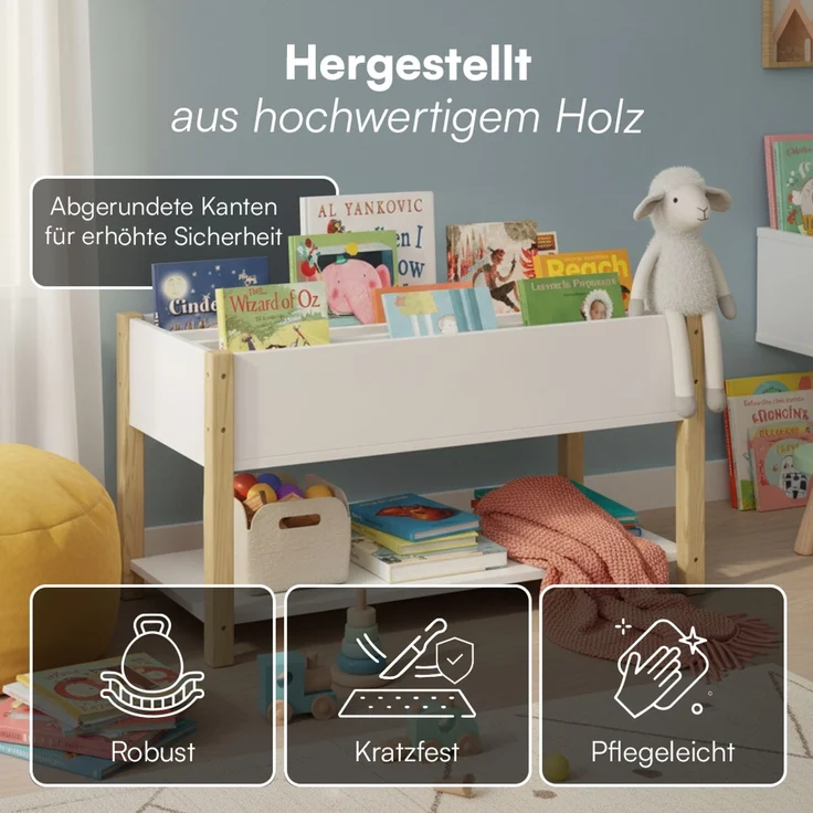 Bellabino 'Teme' Kinderbücherregal, weiß, 80x40x44 cm, Holz, Montessori Kinderregal mit 4 Fächern und Ablagefläche – Bild 4