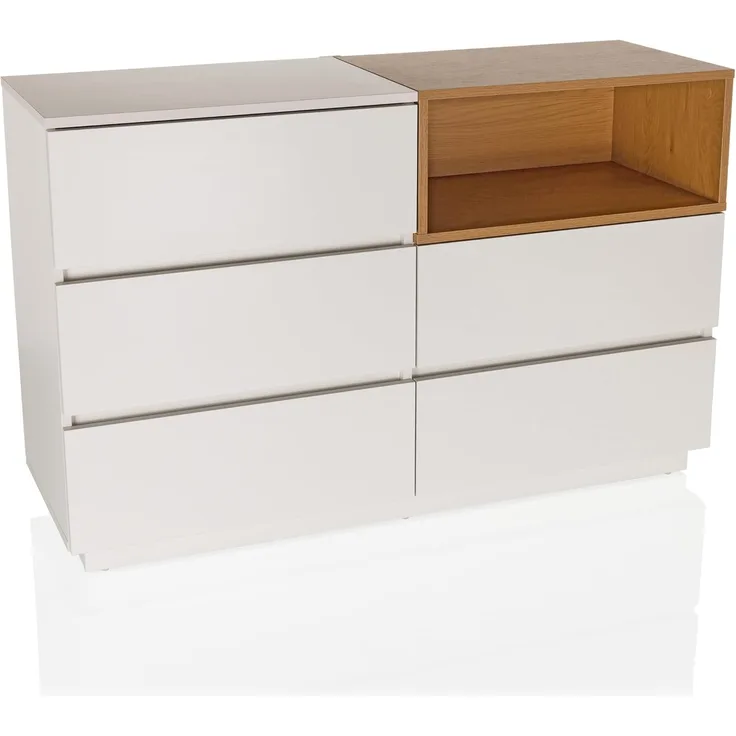 hjh LIVING Sideboard mit 5 Schubladen 120 x 40 x 76 cm MELMO S Schubladenkommode im skandinavischen Stil, griffloses Design, Weiß/Eiche
