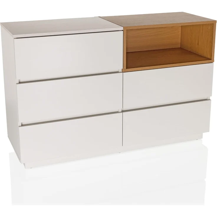 hjh LIVING Sideboard mit 5 Schubladen 120 x 40 x 76 cm MELMO S Schubladenkommode im skandinavischen Stil, griffloses Design, Weiß/Eiche – Bild 1