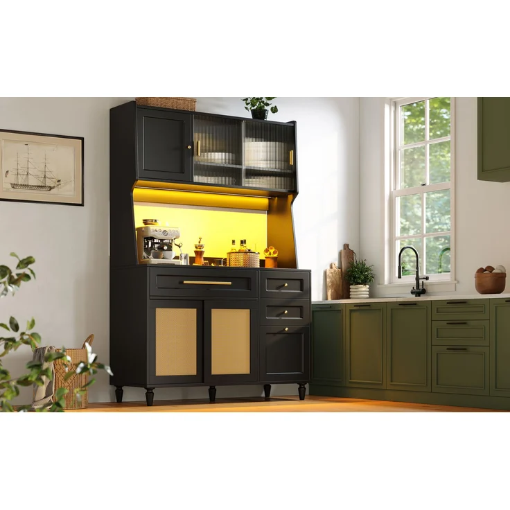 Küchenschrank, Hochschrank,Vitrinenschrank, Buffetschrank mit Verstellbaren Ablagen, Esszimmerschrank mit 3 Schubladen,Sideboard mit LED-Beleuchtung, PE-rattan, schwarz--Schwarz--120x45x195.5cm--YOUDENOVA – Bild 5