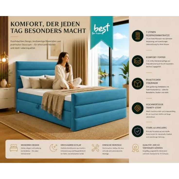 Best for Home Trinity K-1 LUX Boxspringbett, Modernes Boxspringbett mit Stauraum, 7-Zonen-Bonnell-Federkernmatratze, PUR-Schaum-Topper, verschiedene Größen erhältlich – Bild 7