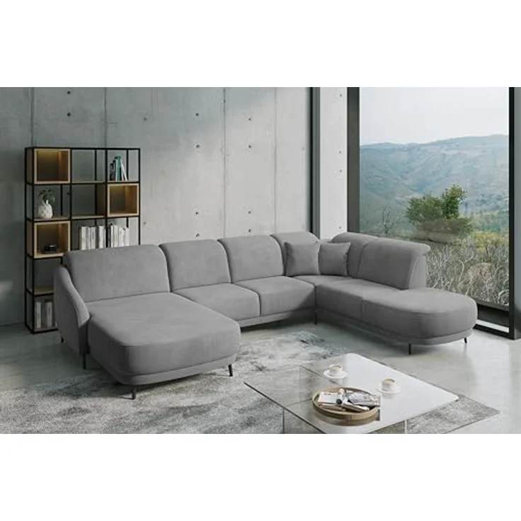 CAVADORE Wohnlandschaft Blue, Sofalandschaft mit Longchair im modernen Design, inkl. kopfteilverstellung, Vorziehsitz motorisch, Klapptisch, mattschwarzen Metallfüßen, Mikrofaser, Mittelgrau – Bild 2