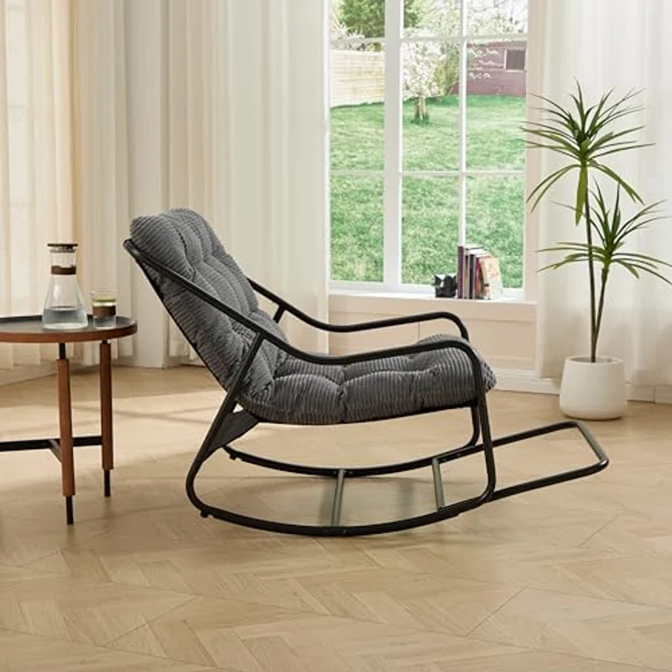 Ball & Cast Schaukelstuhl für Drinnen & Draußen, Rocking Chair mit Gepolstertem Kissen und Fußstütze, Moderner Balkonsessel für Wohnzimmer, Garten & Terrasse, Grau – Bild 5