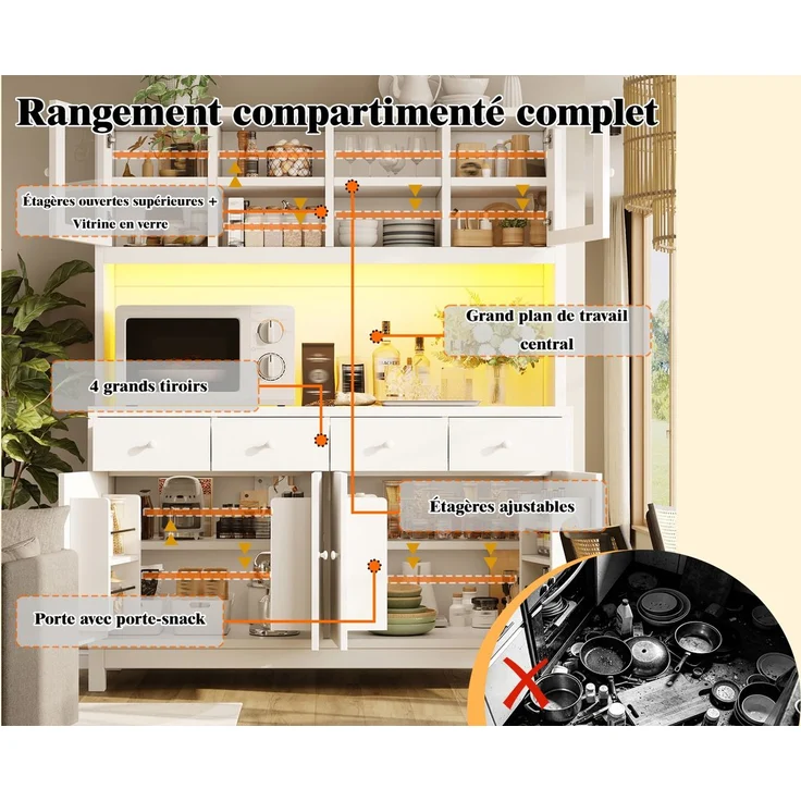 ZUBALIYA Hochbuffetschrank 140*38.5*180cm mit App-gesteuerter RGB-LED / verstellbare Einlegeböden, mit glastüren & 4 Schubladen und belastbar bis 100kg, Naturholz-Optik – Bild 14