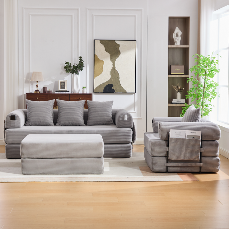 Modulares Sofa-Set aus Cord, mit Metallgestell & Seitentasche, 200x94x67 cm, Hellgrau – Bild 3