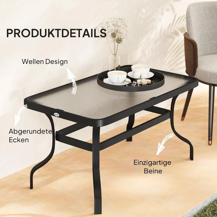 Outsunny Beistelltisch Hartglas, mit Wellendesign, Abgerundete Ecke (Kaffeetisch, 1-St, Rechteckiger Couchtisch), Gartenmöbel für Wohnzimmer, Garten, Terrasse, Balkon – Bild 6