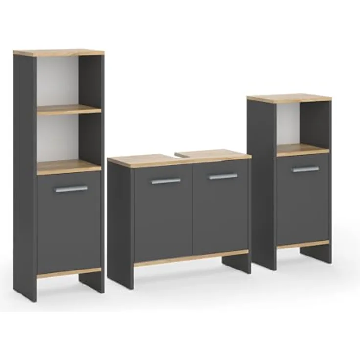 Vichy Badmöbelset Karli, 3-teilig, Anthrazit/Goldkraft Eiche, mit Waschbeckenunterschrank und Midischränken