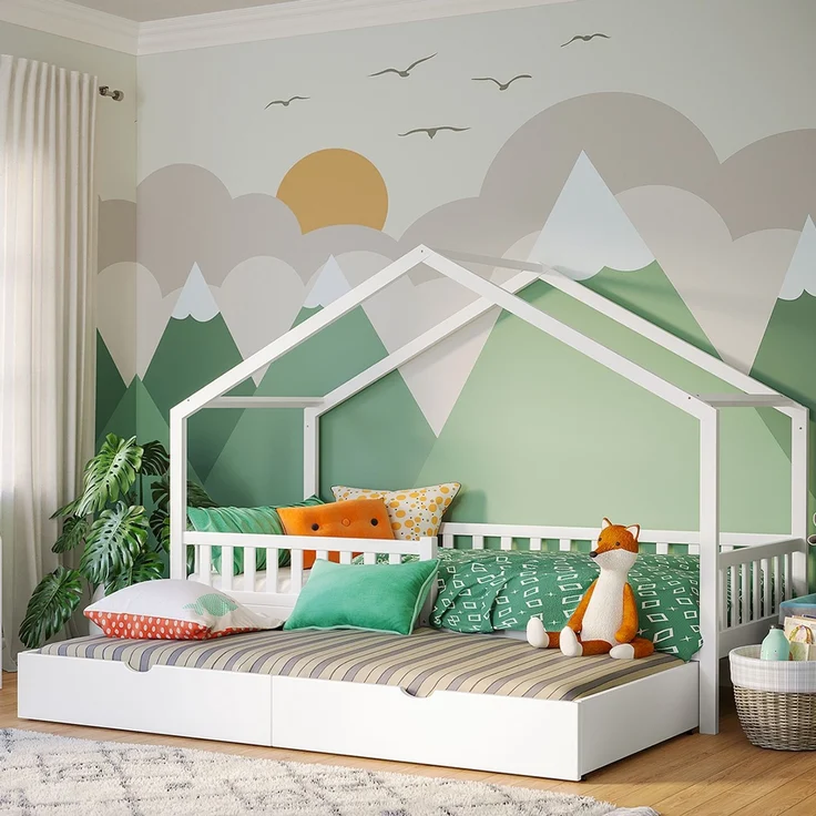 Bellabino 'Vils' Hausbett 90x200 cm mit Gästebett 90x190 cm, weiß, Kiefer Massivholz, Montessori Kinderbett mit Ausziehbett, inkl. Rausfallschutz und Lattenrost – Bild 1