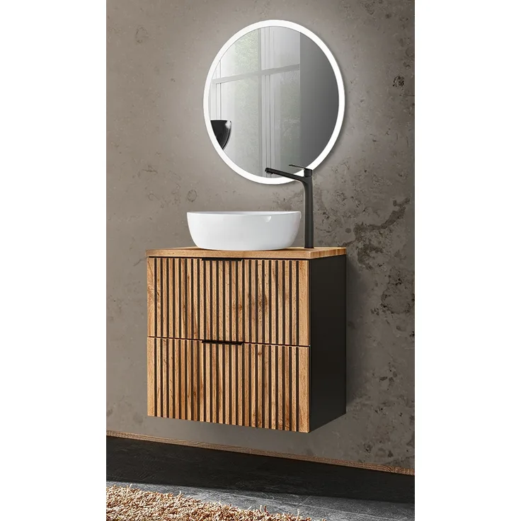Waschplatz Set mit Waschtisch Unterschrank 60 cm, LED Spiegel rund XANTEN-56 in anthrazit mit Eiche Nb. schwarz gerillt, B/H/T: 60,6/200/46,5 cm