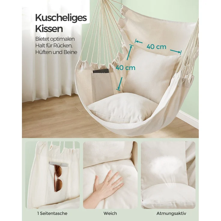 SONGMICS Hängesessel, Hängeschaukel, Hängestuhl mit 2 Kissen, Metallkette, bis 150 kg belastbar, Indoor und Outdoor, Wohnzimmer, Schlafzimmer, cremeweiß GDC187M01 – Bild 4