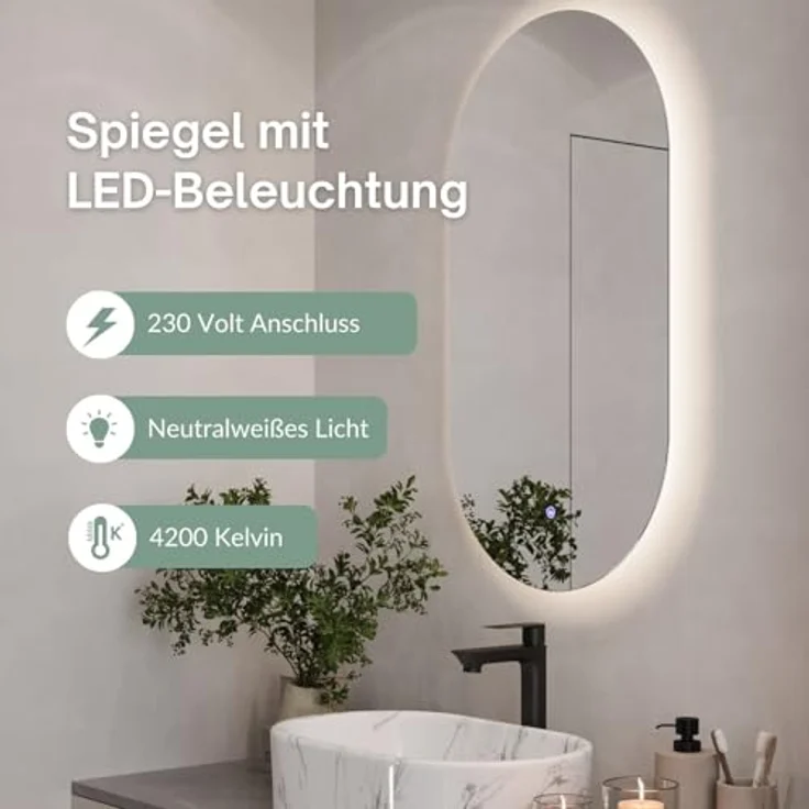 Planetmöbel Badspiegel SP-508 mit LED-Beleuchtung, 50 x 90 cm, oval, Touchschalter, 2 Lichtstufen (4000-4200K), rahmenlos – Bild 2