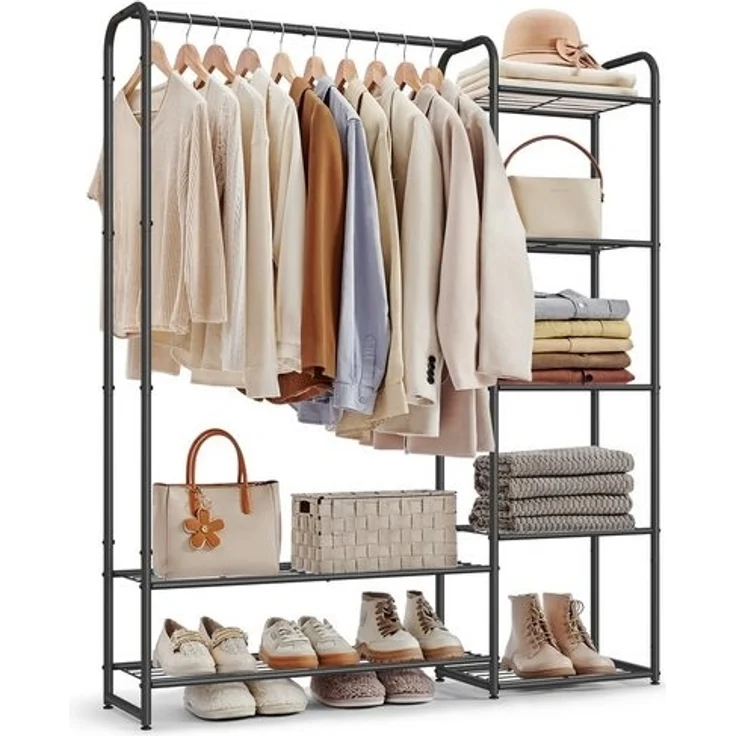 SONGMICS Kleiderständer, offener Kleiderschrank, Kleiderstange, Garderobenständer mit Ablagen, Garderobe aus Metall, freistehend – Bild 1