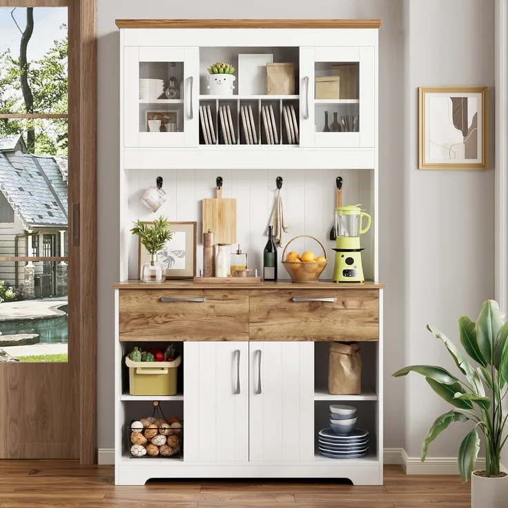 Merax 176.5cm Küchenbuffet Schrank mit Stauraum, Küchenschrank mit Vitrinenfächern, 2 Schubladen, Türen und Hakenleiste – Buffetschrank, Weiß + Holzfarbe