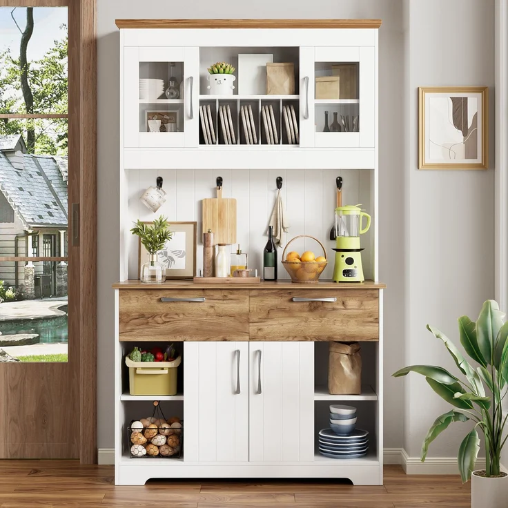 Merax 176.5cm Küchenbuffet Schrank mit Stauraum, Küchenschrank mit Vitrinenfächern, 2 Schubladen, Türen und Hakenleiste – Buffetschrank, Weiß + Holzfarbe – Bild 1