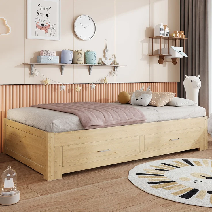 ZUBALIYA Tagesbett 90/180 × 190 cm, Holz, Ausziehbett, Schubladen, Lattenrost, Naturholz – Bild 3
