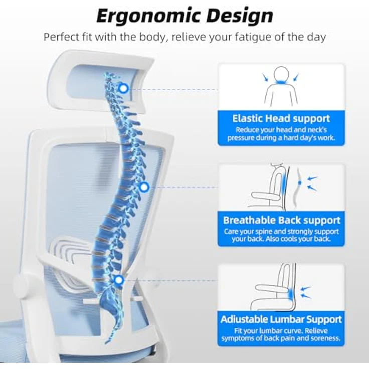 Daccormax Bürostuhl Ergonomisch, mit verstellbarer Kopfstütze, Lendenwirbelstütze & Wippfunktion, Mesh blau, 70 x 70 x 128 cm – Bild 5