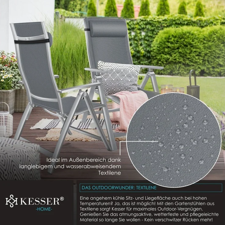 KESSER® Gartenstuhl Hochlehner mit Armlehnen | Aluminium Klappstuhl inkl. Kopfkissen Campingstuhl 7-Fach Verstellbar Rückenlehne | Atmungsaktiv & Wetterfest | Klappbar & Anti-Rutsch Hellgrau, 1 Stück – Bild 3