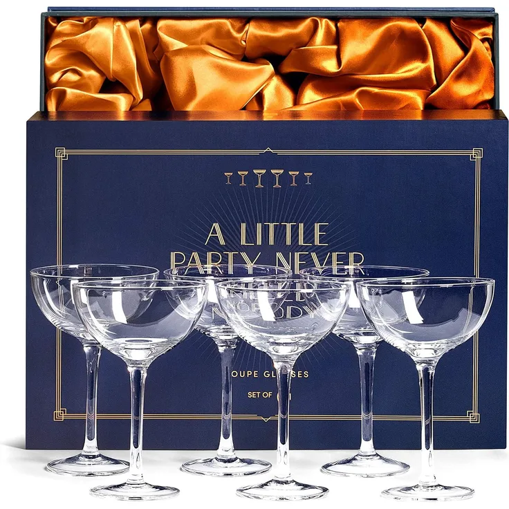 Vintage-Kristall-Champagnergläser Set von 6 127-147 ml klassische Cocktail-Gläser Martini, Manhattan, Cosmopolitan, Sidecar, Daiquiri 1920er Jahre Speakeasy Retro Stil Untertassen Aufbewahrungsbox