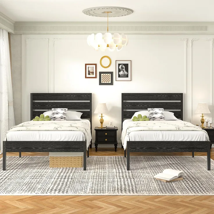 VECELO 2er-Set Bettgestelle 90x200 cm, Einzelbetten mit dickem Holzkopfteil und Metall Lattenrost, stabil und geräuschlos mit 31 cm Stauraum, Industrial Design für Schlafzimmer, Schwarz