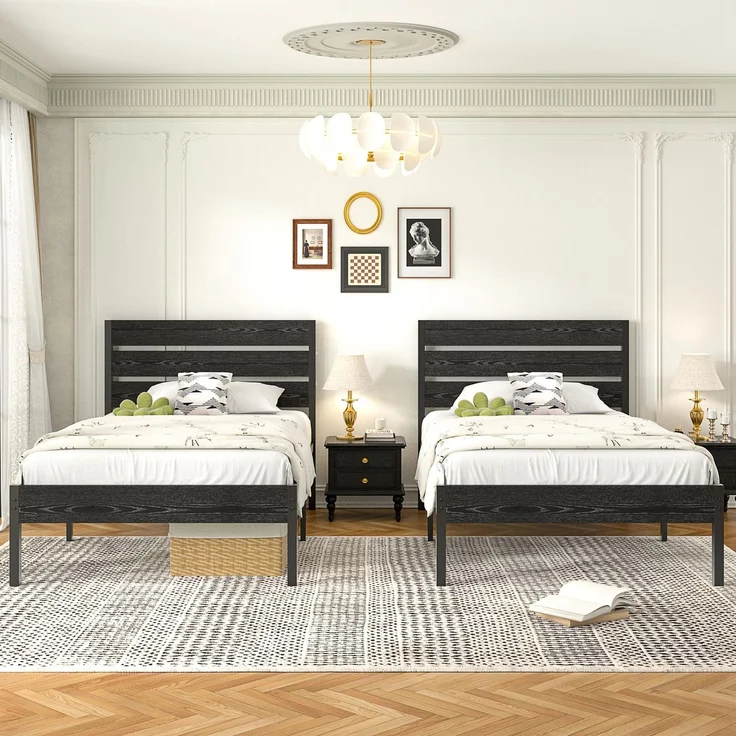 VECELO 2er-Set Bettgestelle 90x200 cm, Einzelbetten mit dickem Holzkopfteil und Metall Lattenrost, stabil und geräuschlos mit 31 cm Stauraum, Industrial Design für Schlafzimmer, Schwarz – Bild 1