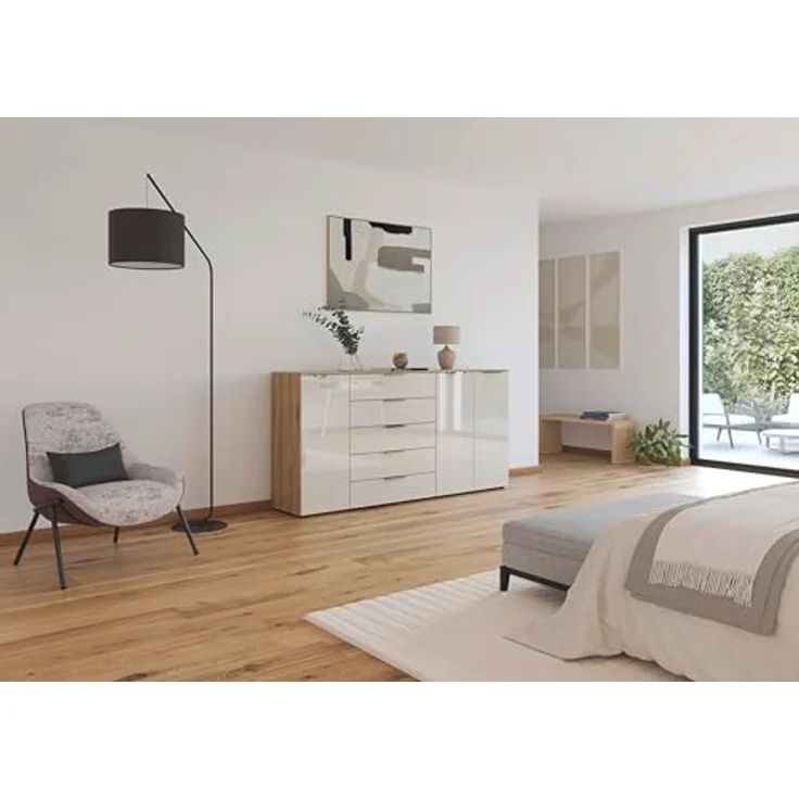 Rauch Möbel Flipp, Kommode für Schlafzimmer, Kinderzimmer, Wohnzimmer, Flur, Garderobe, 3-türig, 5 Schubladen, mit Softclose-Funktion, Farbe Eiche Artisan, Holz/Glas Beige, Breite 199 cm – Bild 3