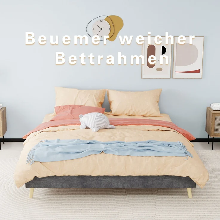 Novelux Bettgestell 160x200 Samt Grau – Modernes Plattformbett ohne Kopfteil, Holzrahmen, Minimalistisches Design – Bild 4
