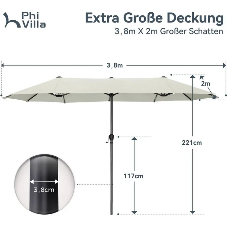 PHI VILLA Sonnenschirm, Balkon Rechteckig Groß Balkonschirm Garten Gartenschirm mit Kurbel UV Schutz Parasol Windfest, Mit der rostfreien Stahlstange und 12 Stahlrippen – Bild 3