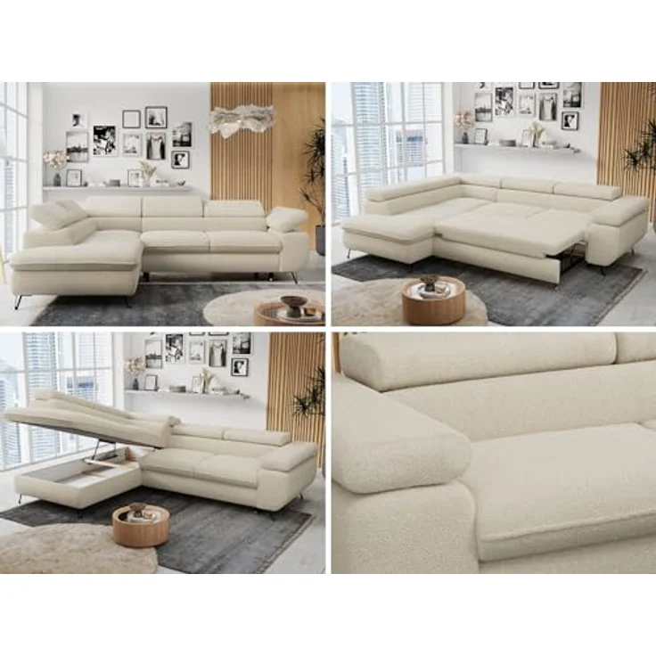 Mks Möbel 'Peter L-form' Ecksofa mit Bettfunktion, Bettkasten & einstellbaren Kopfstützen, Beige, Boucle, links – Bild 2
