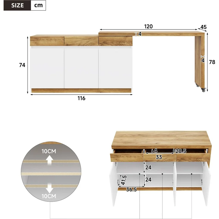 Schreibtisch-Set 78x120x45 cm mit Sideboard, Rollen und Stauraum, Weiß/Eiche-Optik – Bild 5