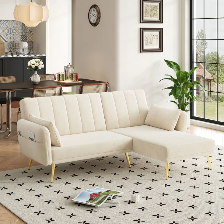 Merax Modernes Klappsofa, L-förmiges Sofa, Schlafsofa mit Zusatzecke, Ecksofa mit Schlaffunktion, Beige – Bild 2