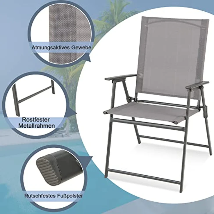 COSTWAY 2er Set Gartenstühle, Hochlehner Klappstühle mit wetterfestem Stoff, Balkonstühle mit Armlehnen, Terrassenstühle bis 150 kg belastbar, für Garten, Terrasse, Balkon, Grau – Bild 7