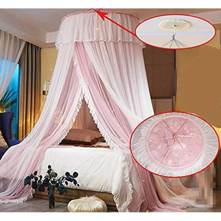VARWANEO Prinzessinnen-Betthimmel für Mädchen, Betthimmel, Vorhang, doppellagig, durchscheinendes Netz, kuppelförmig, Moskitonetz für Doppelbett, Queen-Size-Bett, Rosa/Weiß – Bild 3