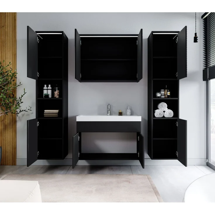 Badplaats Badmöbel Komplettset Paso XL LED 80x40 cm Schwarz Matt - Badezimmermöbel mit Waschbecken, Spiegelschrank und 2 Badezimmerschränke – Bild 3