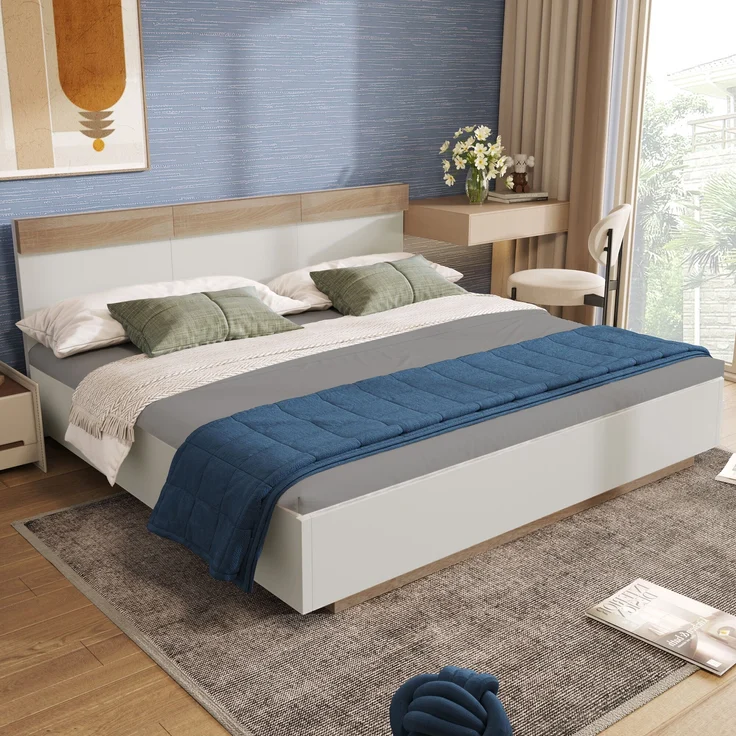 Holzbett Schwebebett mit Kopfteil & Lattenrost, 180x200 cm, 205x184x90,5 cm, Weiß/Eiche, ohne Matratze – Bild 1