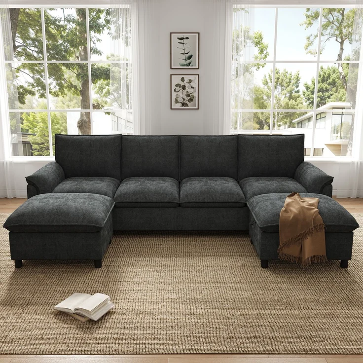 Merax U-förmiges modulares Sofa, bequemes Ecksofa mit Deep-Seat-Design, mit 2 beweglichen Fußhockern, hohe Rückenlehne, Chenille, Schwarz, B264.5/D142.5/H84 – Bild 2