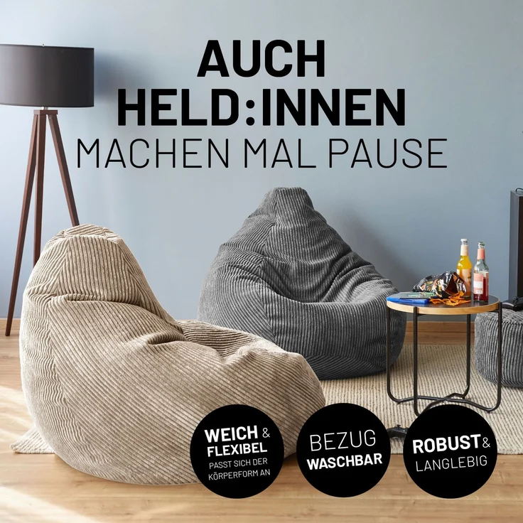 Lumaland Sitzsack GIANT Cord Sitzsack Stabile Lehne ideal fürs Gaming, verdeckter Reißverschluss, trendig & Gemütlichkeit vereint – Bild 4