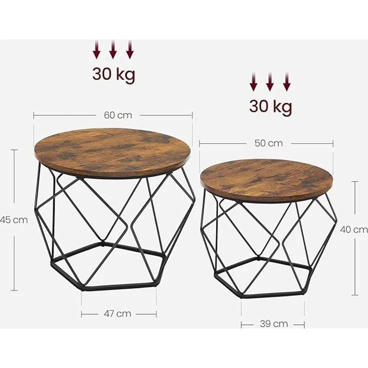 Vasagle Couchtisch rund, 2er Set mit abnehmbarer Tischplatte, vintagebraun-tintenschwarz, 60 x 60 x 45 cm – Bild 3