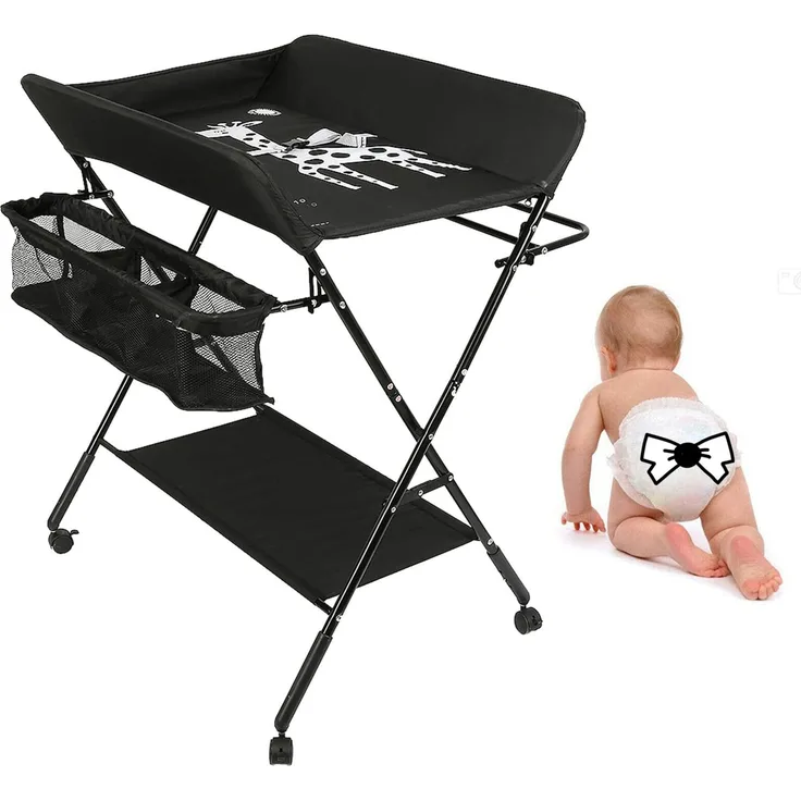Wickeltisch für Babys, faltbar, Wickelkommode für Baby, tragbar, Wickelkommode mit Kissen, mit Rollen, mobiler Wickeltisch mit Wickelauflage, 80 x 66 x 98 cm (schwarz)