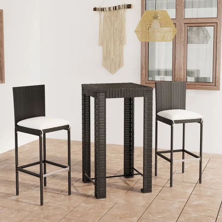 vidaXL 3-tlg. Gartenbar-Set mit Kissen Poly Rattan Schwarz 3064792