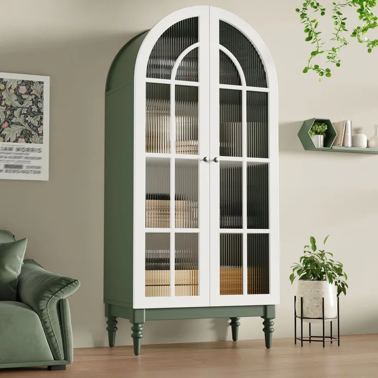 Bogen-Vitrinenschrank 165cm mit Riffelglas-Doppeltüren, 3 Einlegeebenen, 2 Farben (Dunkelgrün+Weiß)--Grün--76x38.5x165cm--YOUDENOVA