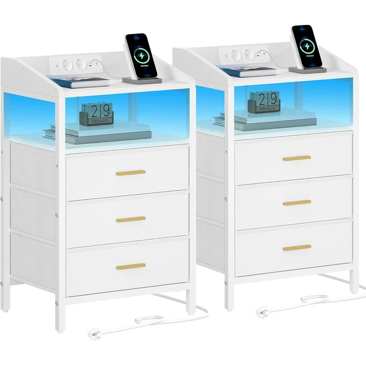 Nachttisch 2er Set, mit LED-Leuchten und Ladestation, Beistelltisch mit 3 Stoff-Schubladen und Regalen, mit USB-Anschlüssen & Steckdosen, für Schlafzimmer, Wohnzimmer, Weiß – Bild 2