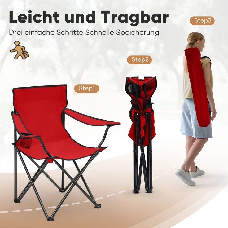 Sunula Campingstuhl Faltbar Anglerstuhl Ultraleicht Faltstuhl mit Armlehnen, mit Getränkehalter, mit Tragetasche, bis max. 100 kg, Rot – Bild 6