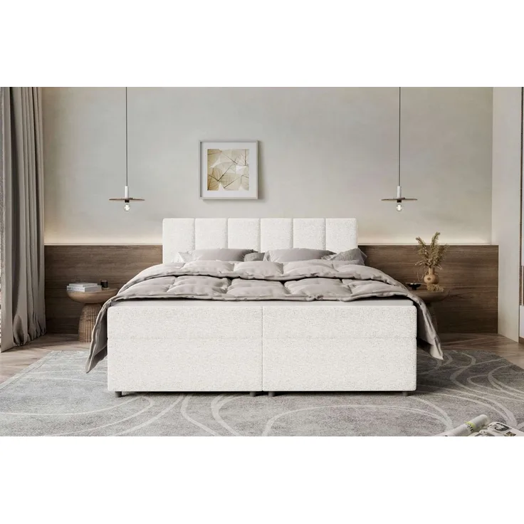 99rooms Bergamo Boxspringbett Webstoff MALMO_NEW Weiß 200x200 cm Schaum Topper 3,5 cm