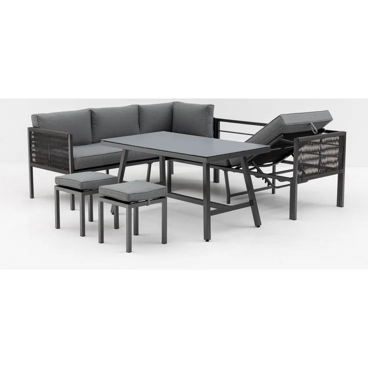 Gardissimo 'Aruba' Dining Lounge mit Ecksofa, Esstisch, 2 Hocker & Kissen, Wetterfest, bis 9 Personen
