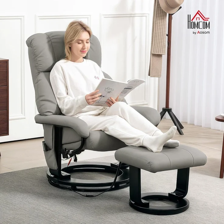 HOMCOM Massagesessel Relaxsessel mit Fußhocker (Fernsehsessel, 2-St, Elektrischer Liegesessel mit Fernbedienung), mit Seitentasche, Kunstleder, Grau – Bild 2