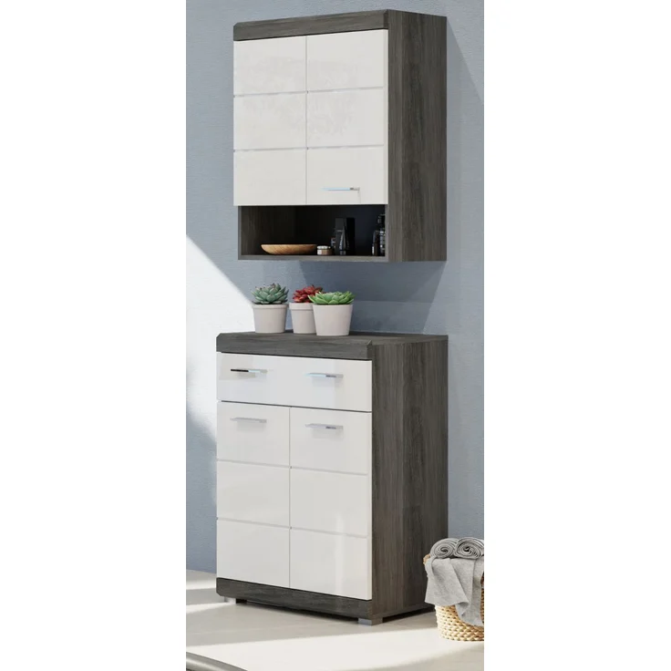 Badezimmer Kommode Shawn in weiß Hochglanz und Rauchsilber grau 74 x 88 cm – Bild 6