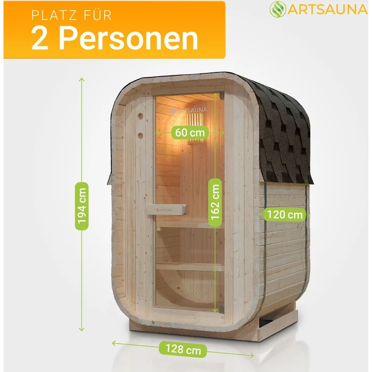 Artsauna Fasssauna Nolvik S, Outdoor-Sauna aus Fichtenholz, 3,6 kW Ofen, LED, Komplettset mit Sanduhr, Eimer & Thermometer, winterfest, Cube Design – Bild 4